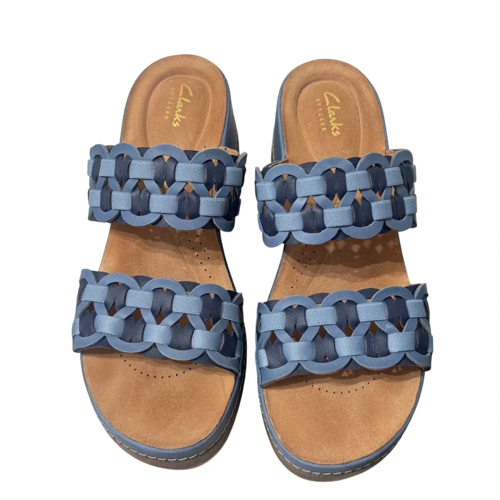 Clarks Kassanda Wedge Sandals Womens 9.5 Blue Woven Leather Slide Excellent